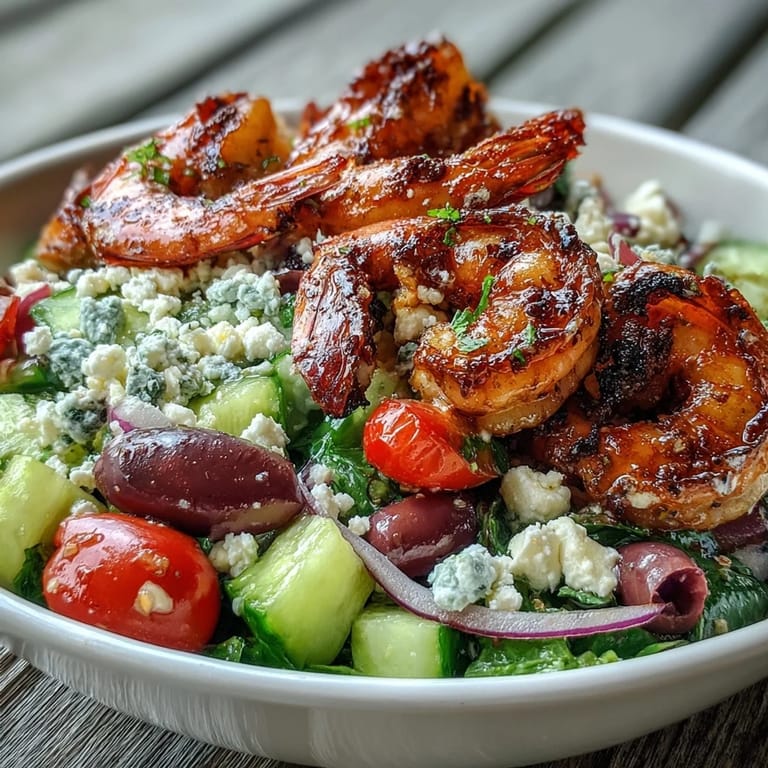 Vibrant Greek Shrimp Bowl with charred shrimp, mixed greens, cucumbers, tomatoes, and feta, ready to serve with lemon-olive oil dressing.