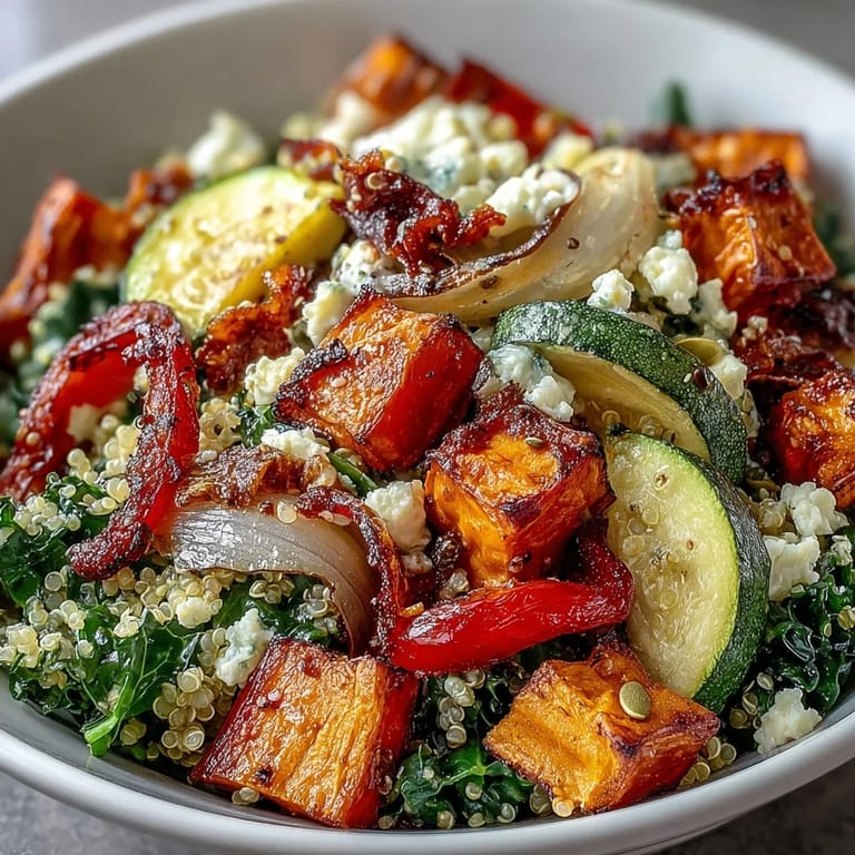 A close-up view of a vibrant warm salad bowl featuring roasted bell peppers, zucchini, and feta cheese over a bed of grains.