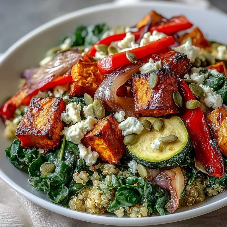 Wholesome vegetarian warm salad bowl topped with toasted pumpkin seeds and fresh herbs, served as a comforting lunch or light dinner.