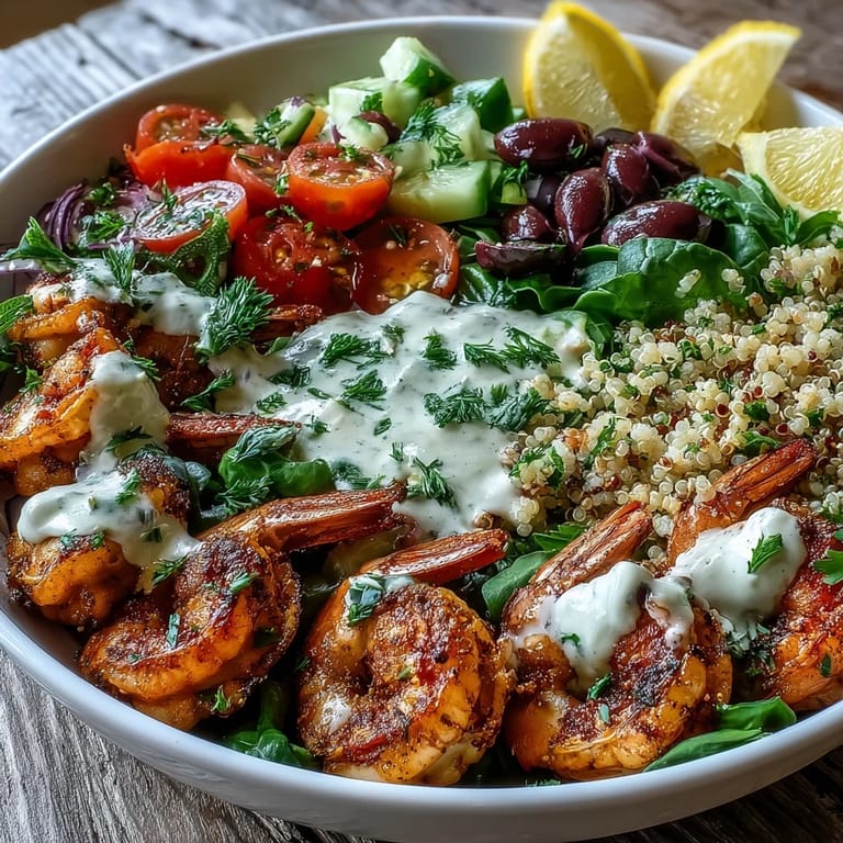 A vibrant Mediterranean Shrimp Bowl features a colorful medley of grains and vegetables, garnished with fresh parsley and creamy tahini dressing.