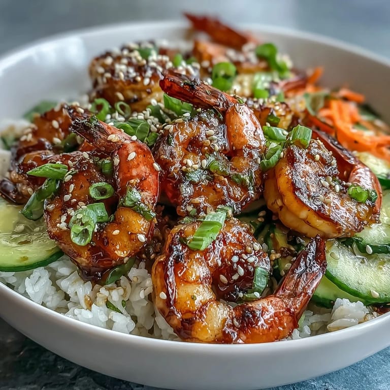 Colorful Asian Shrimp Bowl garnished with scallions and sesame seeds, showcasing a healthy, balanced meal ready for a quick dinner.