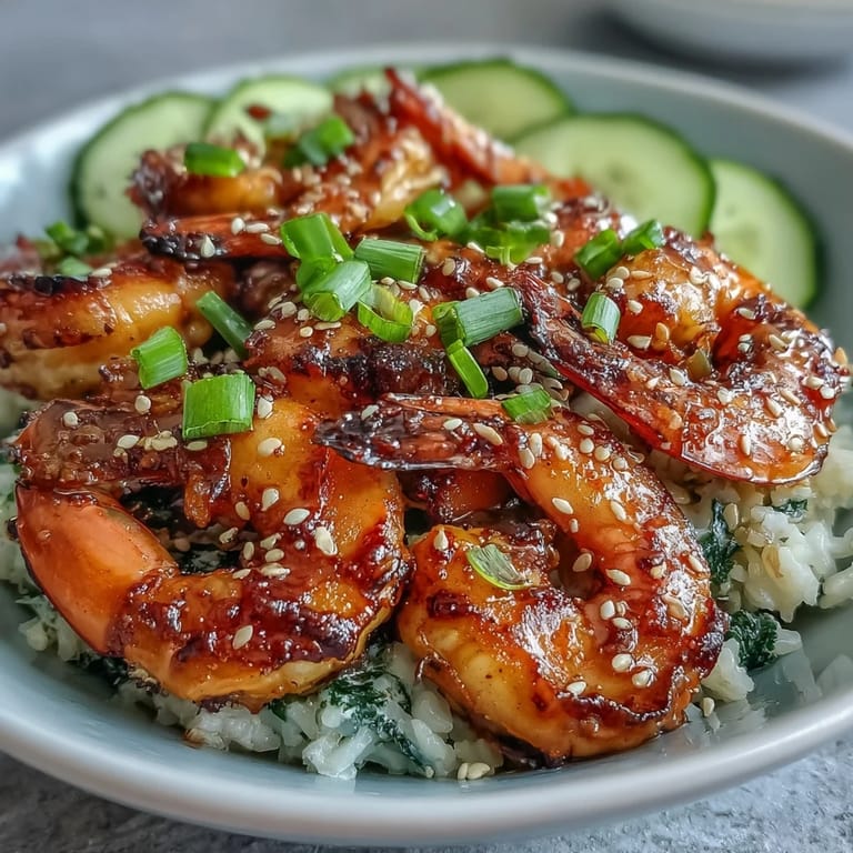 A close-up view of a vibrant Asian Shrimp Bowl, featuring juicy grilled shrimp, edamame, and julienned vegetables in a savory sauce.