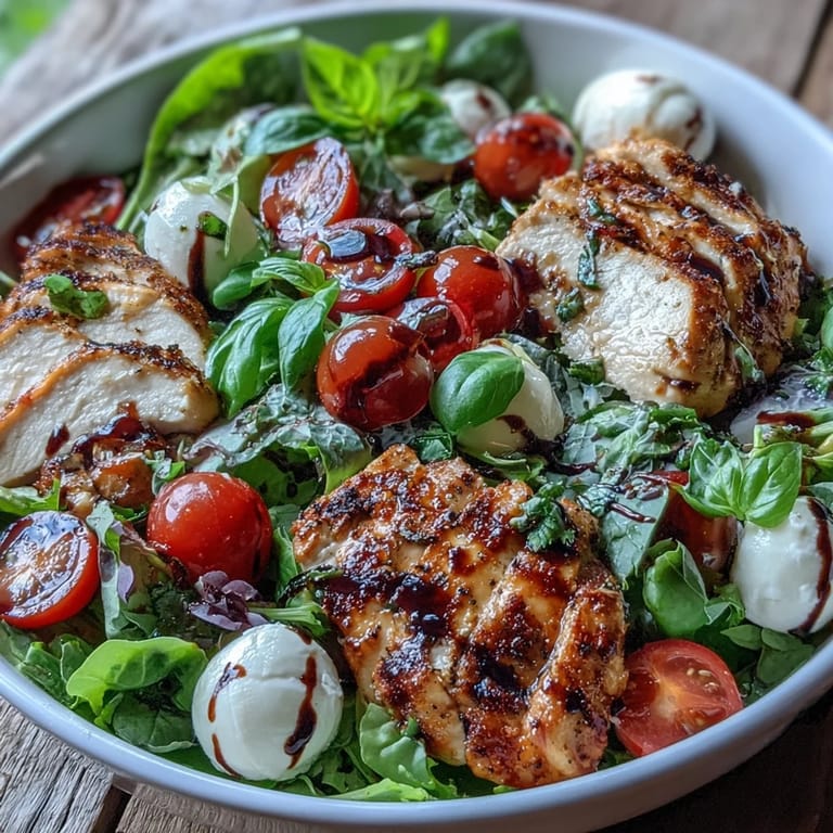 Savory Caprese Chicken Bowl with tender chicken, mozzarella balls, tomato slices, and balsamic reduction drizzle.