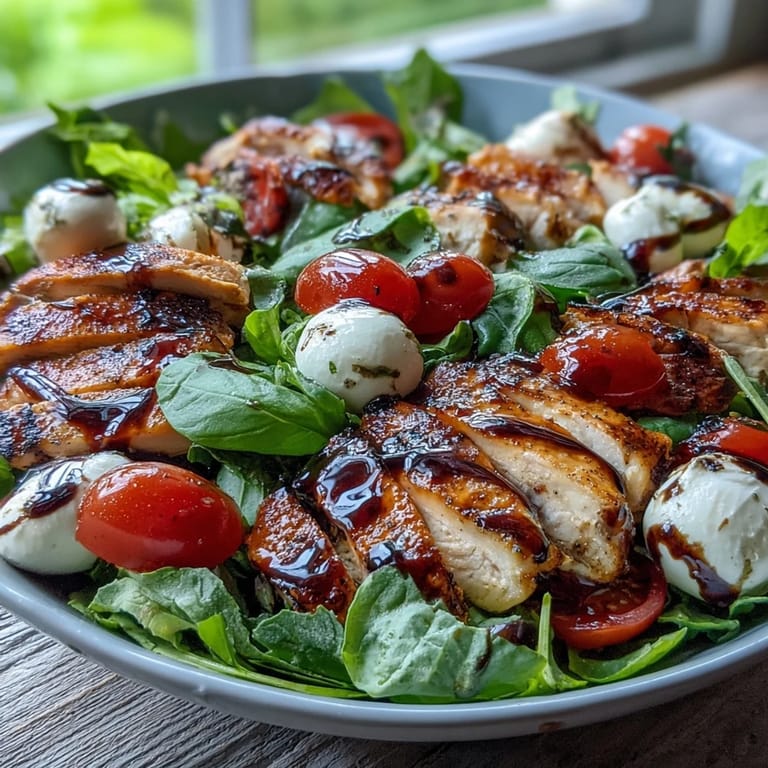 Colorful Caprese Chicken Bowl served over greens with fresh basil and a tangy balsamic glaze.