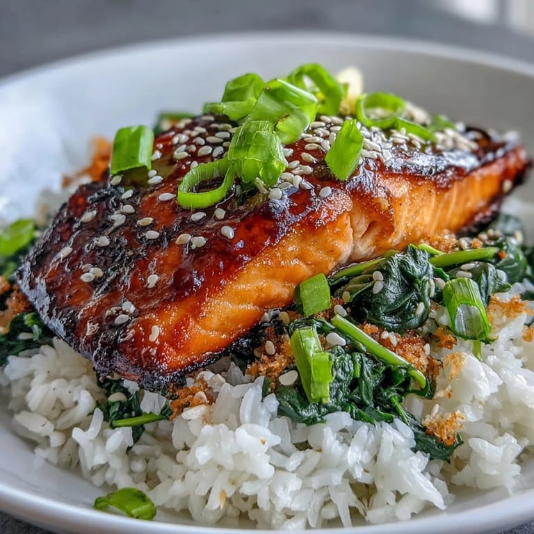 Delicious miso glazed salmon bowl with caramelized edges, steaming jasmine rice, and fresh spinach, ready to be enjoyed with lime wedges.