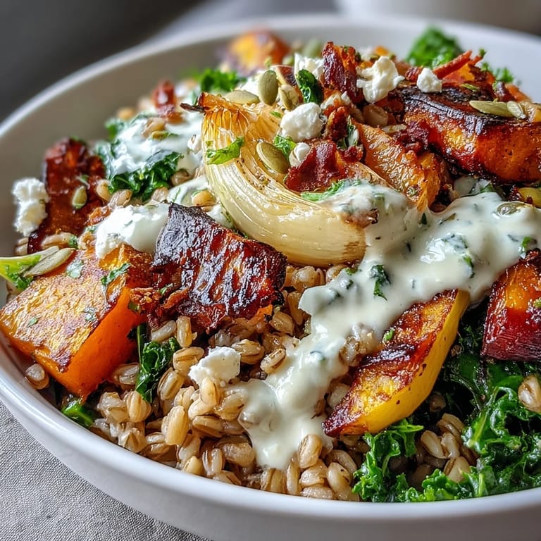 Warm Hearty Winter Grain Bowl served with fluffy grains, wilted greens, and pumpkin seeds, ready for a satisfying meal.