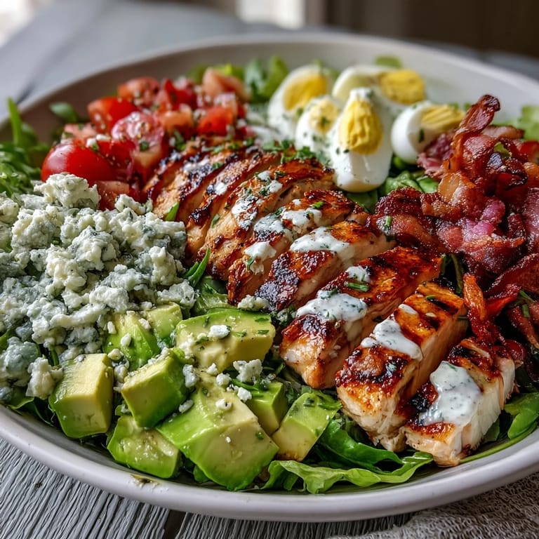 Freshly grilled chicken slices and crispy bacon over a vibrant Cobb Salad Bowl, topped with creamy avocado and tangy blue cheese crumbles.
