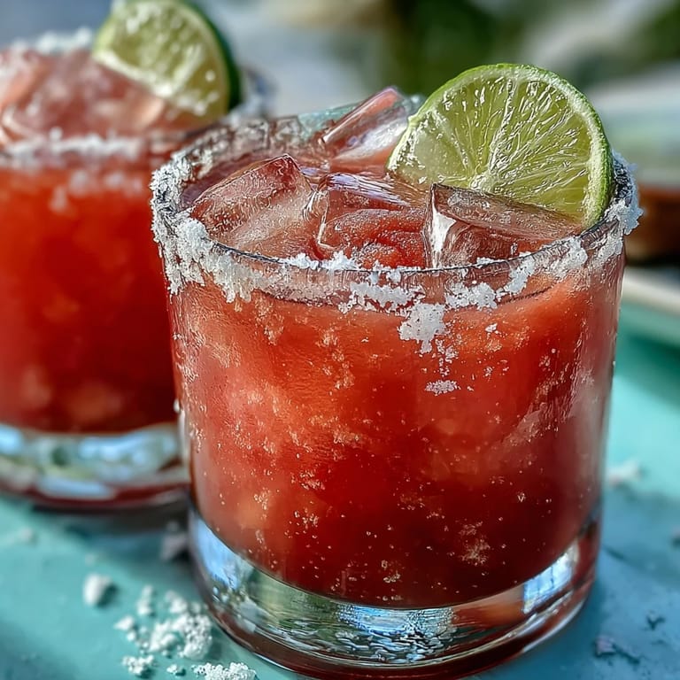 Close-up of a single Best Guava Margarita with a Tajín-rimmed glass and succulent guava slice garnish.