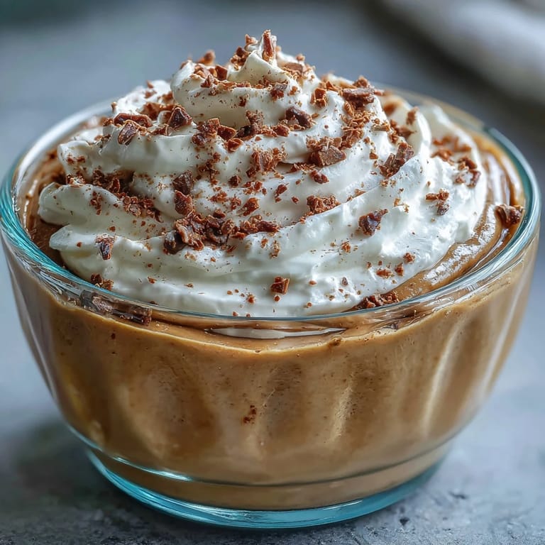 Close-up of creamy Hojicha Pudding, highlighting the rich, earthy texture inside a clear serving dish.