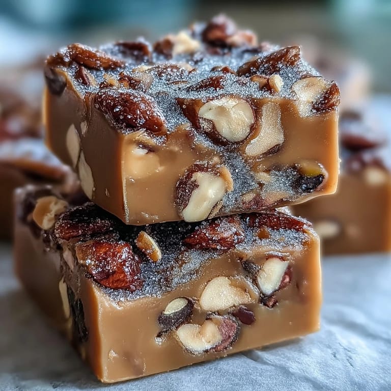 Slice of Hojicha Nougat with visible nuts, showcasing a rich, earthy green tea candy.