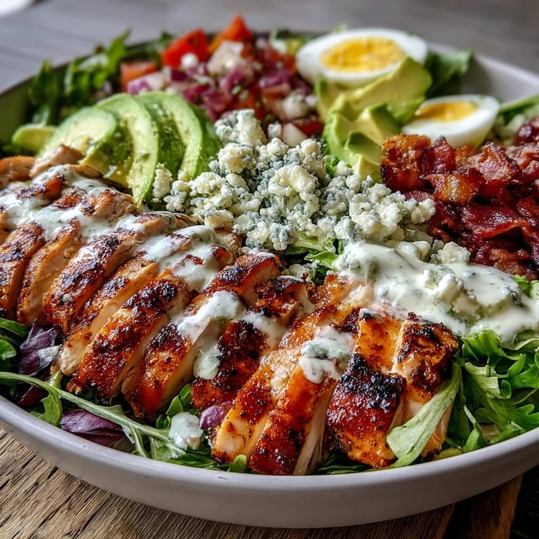 Hearty Cobb Salad Bowl featuring diced avocado, juicy tomatoes, crumbled blue cheese, and quartered hard-boiled eggs on crisp mixed greens.