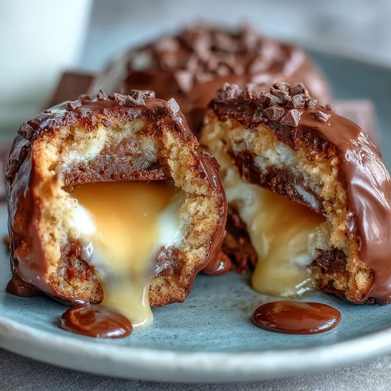 Warm chocolate chip cookie reveals a melted Cadbury Creme Egg center, an indulgent surprise treat.