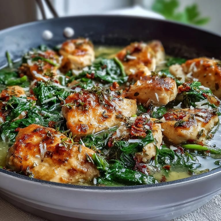 Bright and hearty one-pot dinner featuring orzo pasta, juicy chicken, and wilted spinach in a fragrant lemon-garlic broth, perfect for spring.