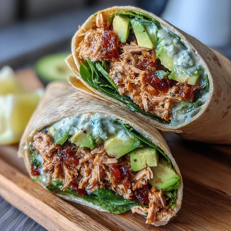 Avocado tuna salad with spinach leaves rolled in whole wheat wraps, perfect for quick and nutritious meals on the go