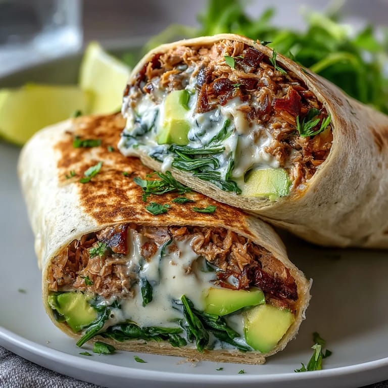 Fresh tuna and avocado mash with lemon juice and spinach wrapped in tortillas, creating a delicious, easy 5-ingredient meal