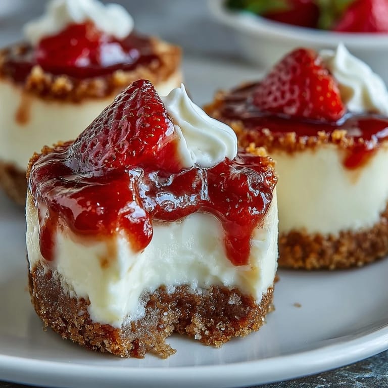 Bite-sized creamy cheesecakes with crisp cookie crust, arranged on a tiered dessert stand for a festive party platter.