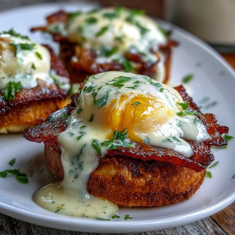 Buttery hollandaise cascades over perfectly poached eggs atop English muffins with Canadian bacon, a luxurious brunch centerpiece for special occasions.