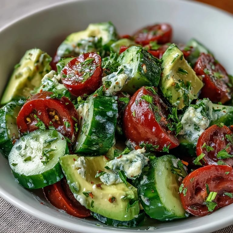Crisp cucumber, juicy tomato, and creamy avocado salad with zesty lemon dressing, a refreshing side dish.