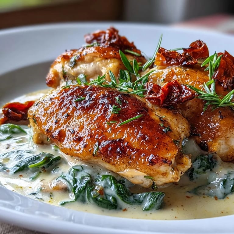 Succulent chicken breasts simmered in a creamy Tuscan sauce with sun-dried tomatoes and Parmesan.