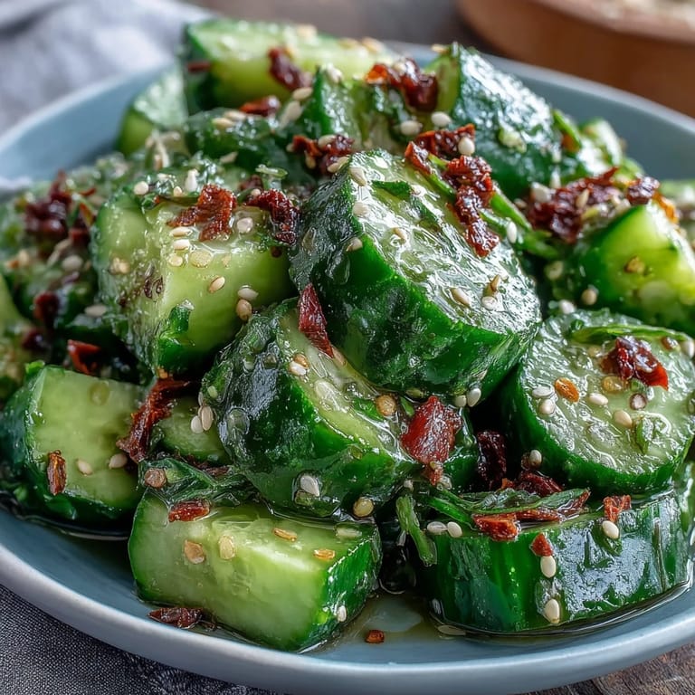 Smashed cucumber salad bursting with garlicky, spicy flavors and fresh scallions for a refreshing crunch.