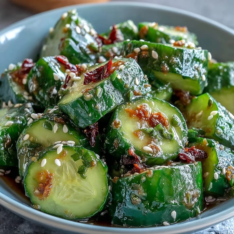 A vibrant, vegan smashed cucumber salad with chili oil, perfect as a cooling side dish.