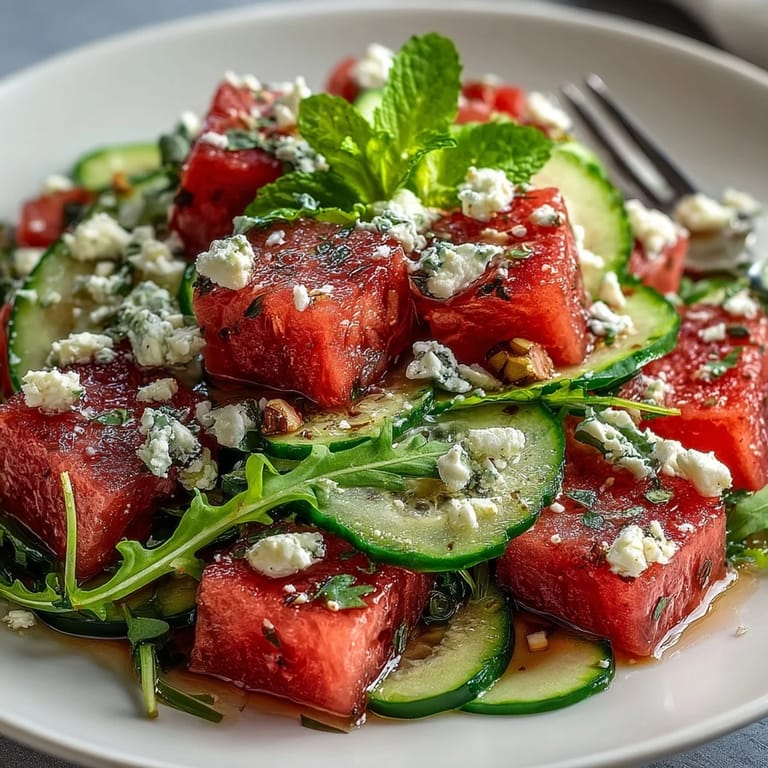 Refreshing summer salad featuring juicy watermelon cubes, peppery arugula, crumbled feta, and a tangy lime vinaigrette for a bright flavor.