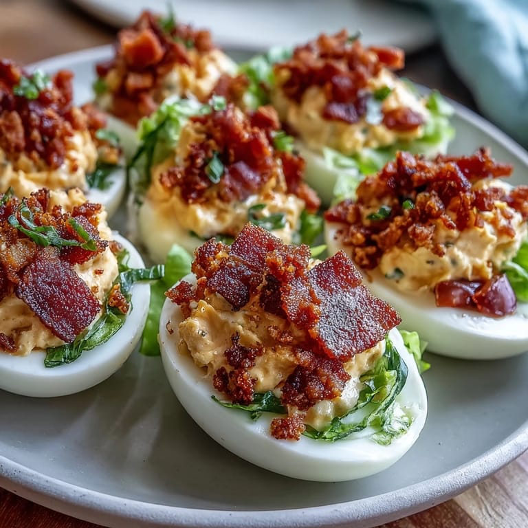 Tangy BLT deviled eggs topped with smoky bacon bits, diced tomatoes, and shredded romaine for a classic flavor twist.