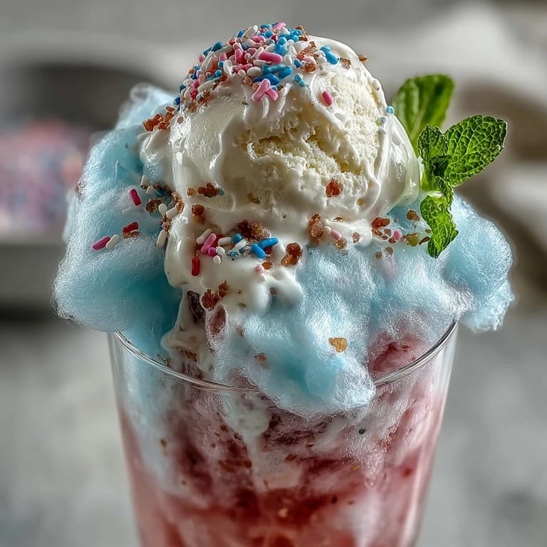 A refreshing cotton candy lemonade float topped with vanilla ice cream, garnished with lemon slices and fresh mint for a festive touch.