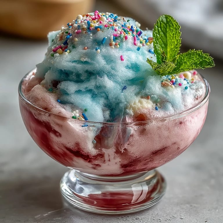 Bright pink cotton candy dissolving in tart lemonade, topped with creamy vanilla ice cream for a dreamy, sweet summer treat.