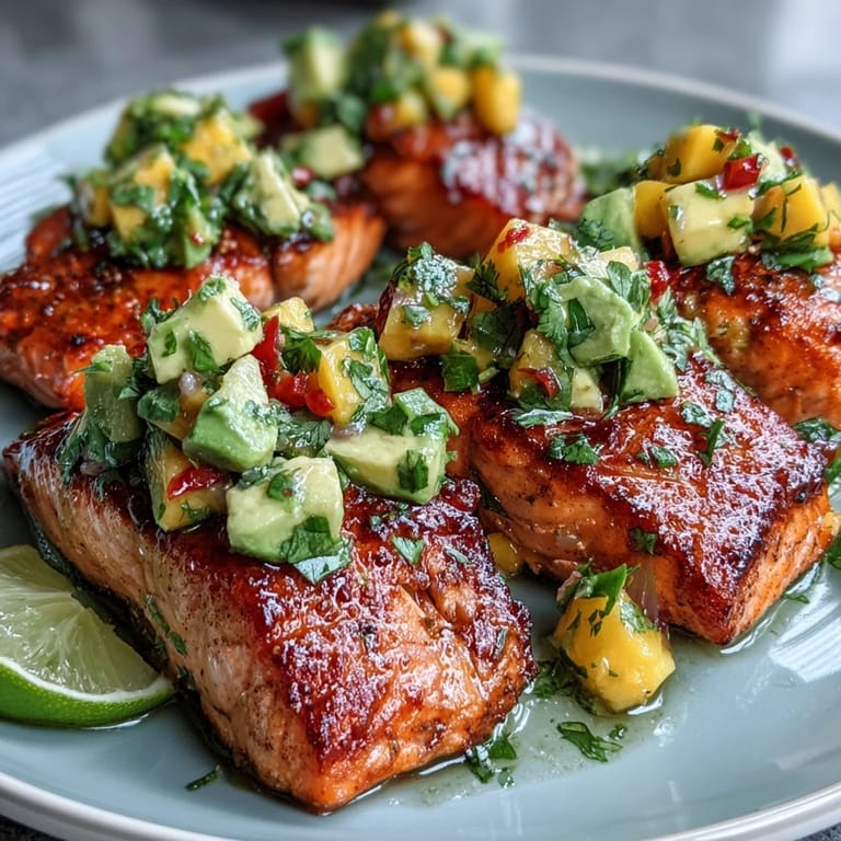 Golden-baked salmon fillet topped with fresh mango and avocado salsa, bursting with summer flavors.