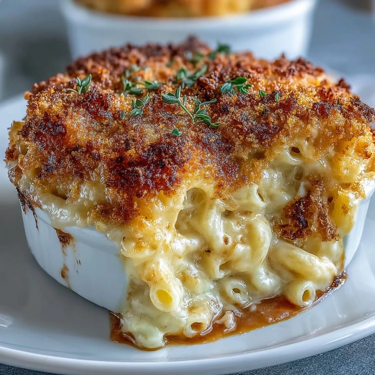Comforting Easter side dish: creamy mac and cheese bake with crispy breadcrumb crust and melted cheese sauce.