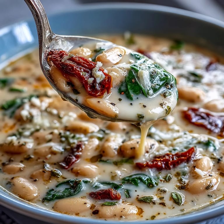 Hearty white bean soup infused with Italian herbs, spinach, and cream for a cozy, satisfying meal.