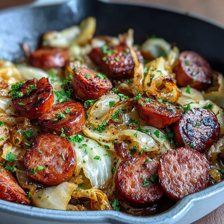 Smoky sausage and caramelized cabbage mingle in a rustic skillet, enhanced by tangy mustard and fresh parsley for a comforting meal.