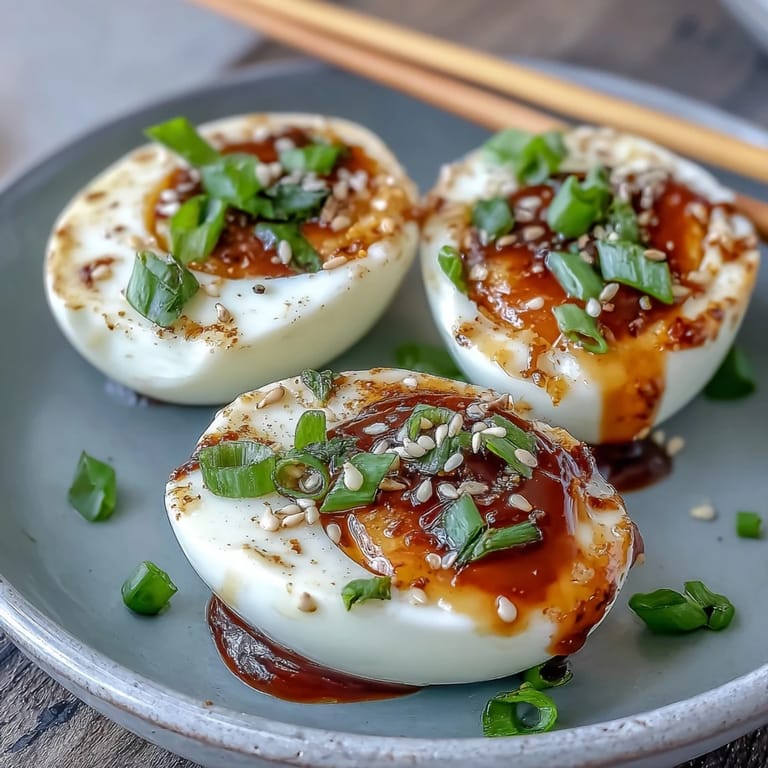 Soft-boiled eggs infused with spicy miso marinade, offering a rich, umami flavor in every bite.