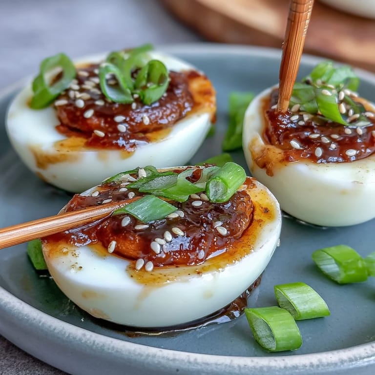 Aromatic miso-marinated eggs with hints of garlic and ginger, ideal for elevating your next bowl of ramen.
