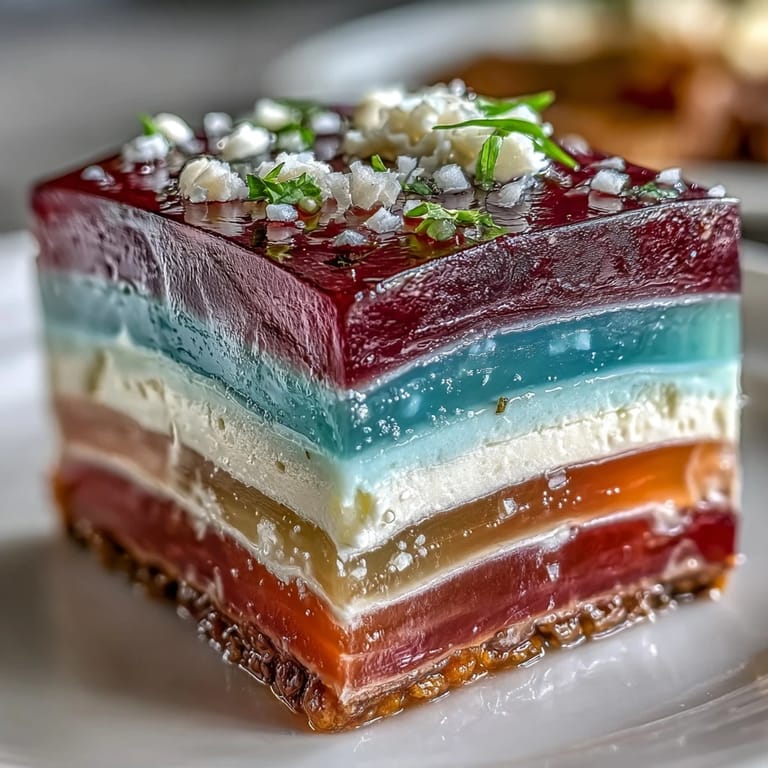 Colorful rainbow jelly cake with agar-agar layers and creamy coconut cream, a dairy-free dessert that's as beautiful as it is delicious.