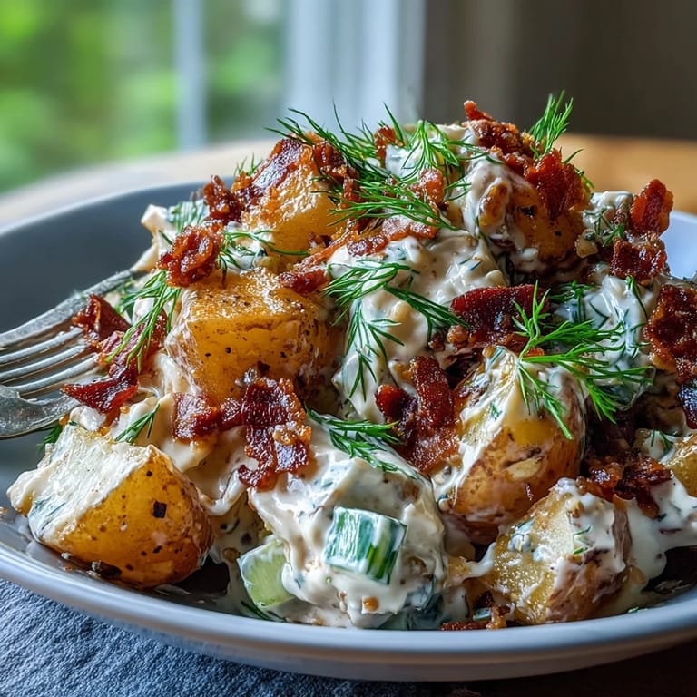 A festive Memorial Day potato salad featuring dill, bacon, and creamy dressing—perfect for picnics and summer barbecues.
