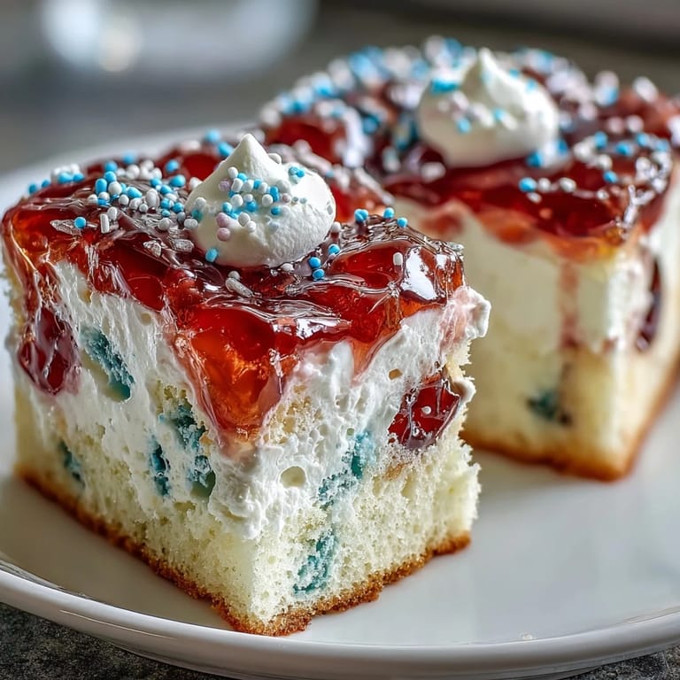 Festive patriotic poke cake featuring red and blue gelatin poured into white cake, topped with creamy whipped cream and sprinkles.  