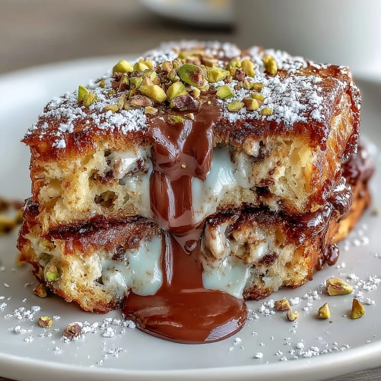 Luxurious breakfast dish featuring buttery croissants stuffed with rich chocolate, topped with pistachios, and drizzled with warm chocolate sauce for extra indulgence.
