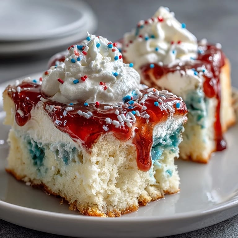 Layered red and blue gelatin poke cake decorated with whipped topping and patriotic sprinkles, perfect for Memorial Day celebrations.