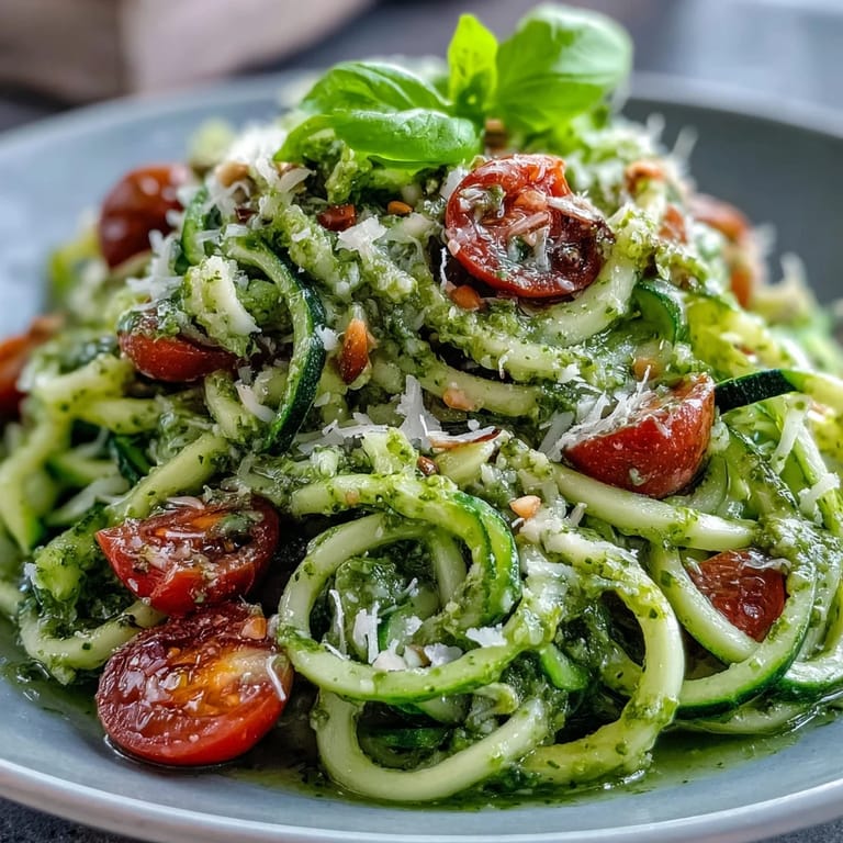 Vibrant spiralized zucchini coated in fragrant basil pesto, garnished with cherry tomatoes and fresh basil leaves.  