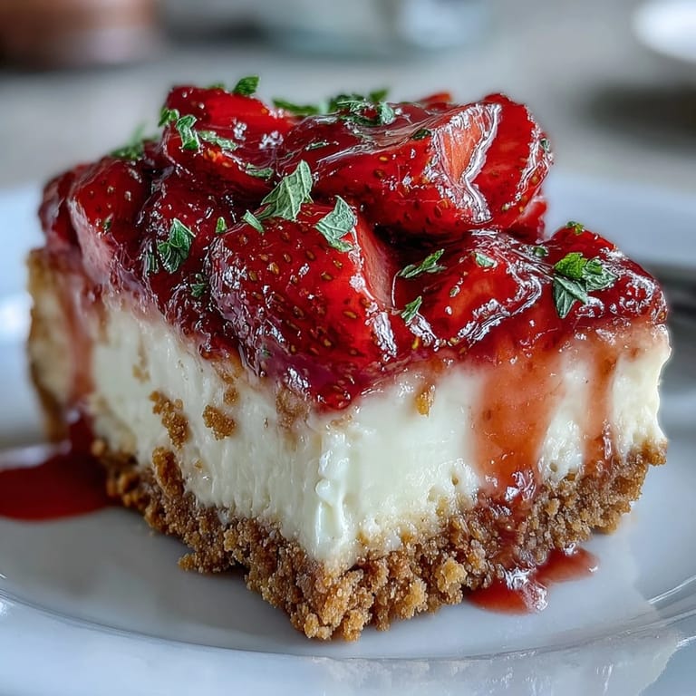 Decadent strawberry cheesecake bars featuring a rich cream cheese filling, crisp graham cracker base, and juicy strawberry slices arranged on top.