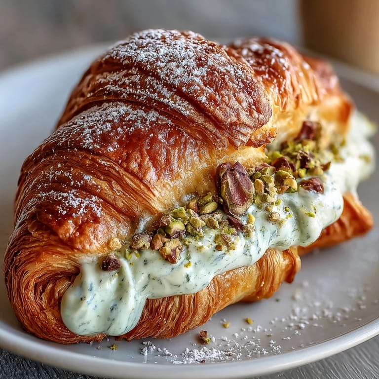 Buttery croissants bursting with smooth pistachio cream, baked until crisp and golden for an indulgent treat.  