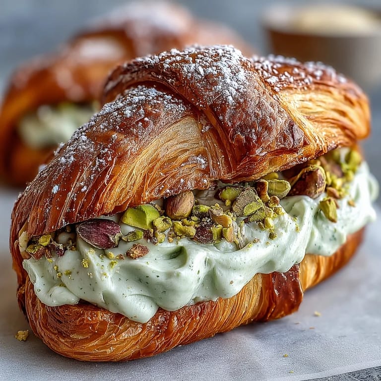 Luxurious pistachio cream croissants, dusted with powdered sugar and sprinkled with crunchy pistachios for a bakery-style delight.