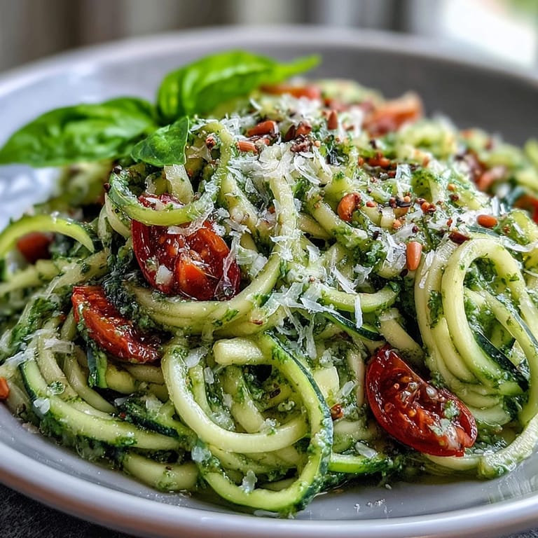 Crisp zucchini noodles in creamy raw pesto with halved cherry tomatoes, perfect for a refreshing vegetarian meal.