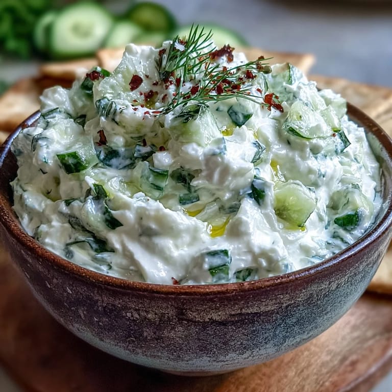 Tangy Greek Skyr Tzatziki dip, vibrant with dill and perfect with pita bread.