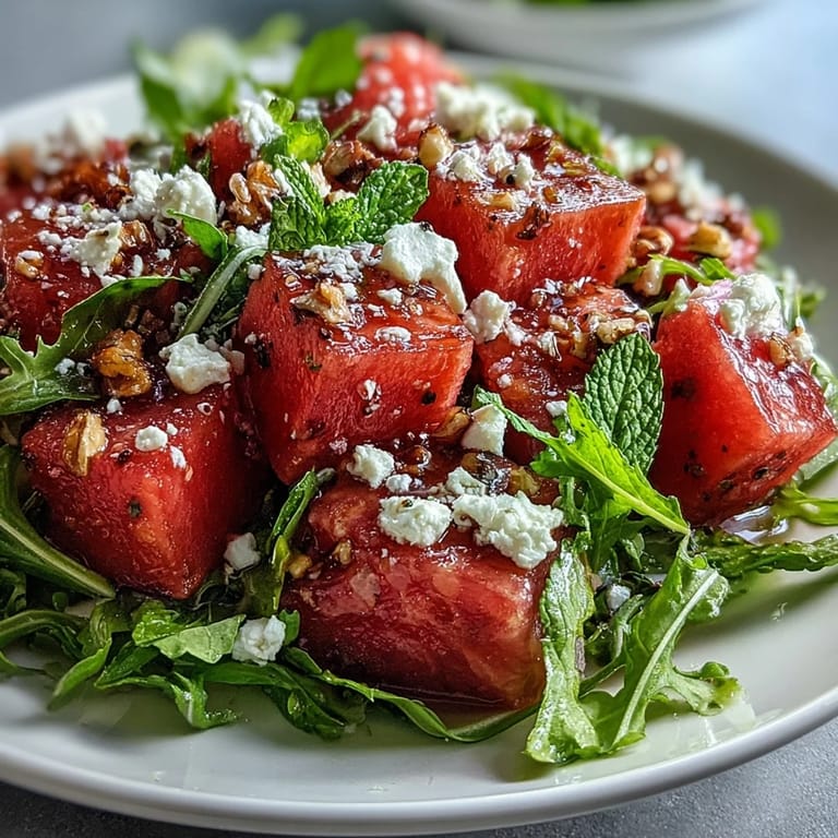 Sweet watermelon, peppery arugula, and feta salad drizzled with rich balsamic glaze.