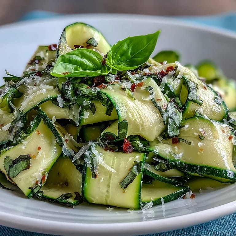 Shaved Zucchini Ribbon Salad with melty Parmesan shavings and a zesty lemon dressing, perfect for lunch.