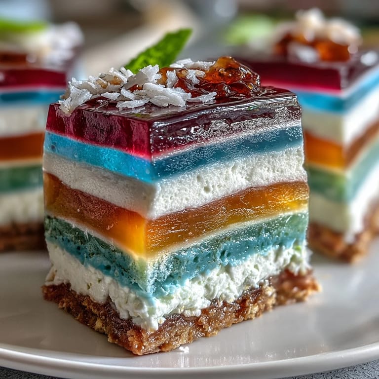 Jiggly, layered agar-agar rainbow jelly cake with a luscious coconut topping.