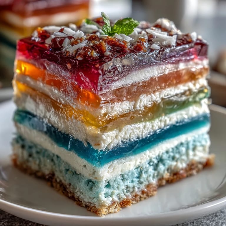 Slice this colorful agar-agar rainbow jelly cake, a perfect chilled summer treat.